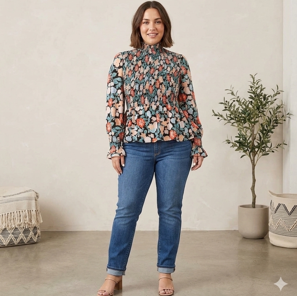 Gibson Floral Pink and Green Smocked Bell Sleeve Blouse